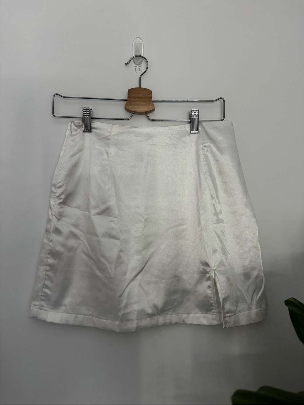 Satin White Mini Skirt with Side Slit - Picture 2 of 5